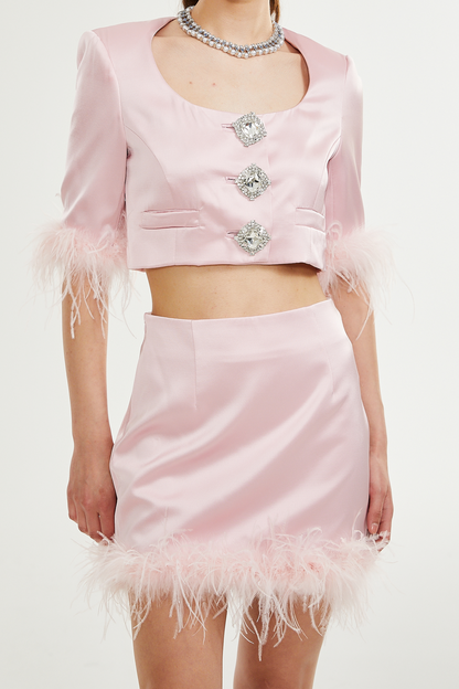 Flavia satin feather top & skirt matching set