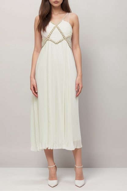 Hermine V-neck faux-pearl embellished midi dress