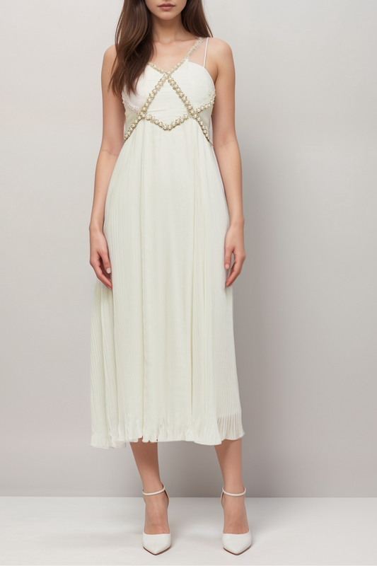 Hermine V-neck faux-pearl embellished midi dress