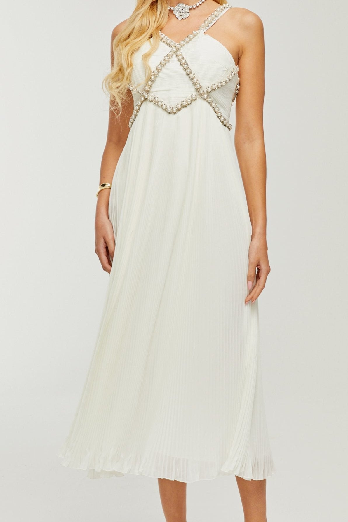 Hermine V-neck faux-pearl embellished midi dress
