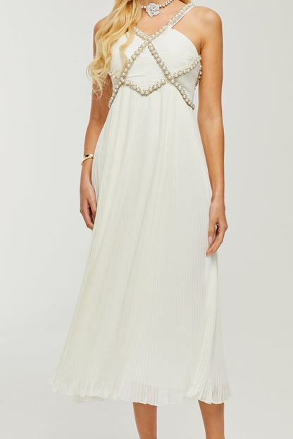 Hermine V-neck faux-pearl embellished midi dress