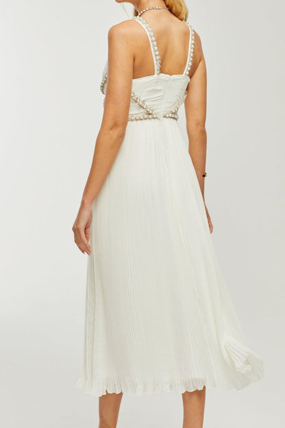 Hermine V-neck faux-pearl embellished midi dress