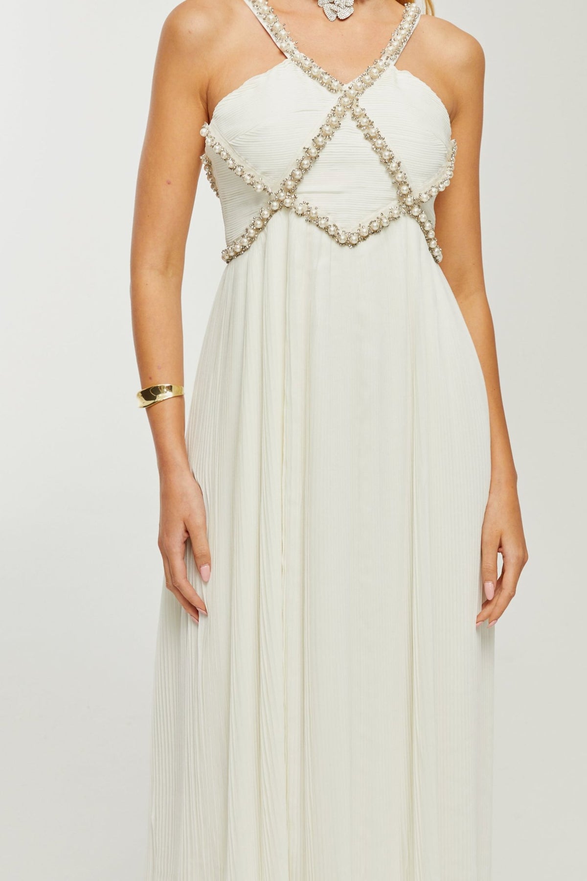 Hermine V-neck faux-pearl embellished midi dress
