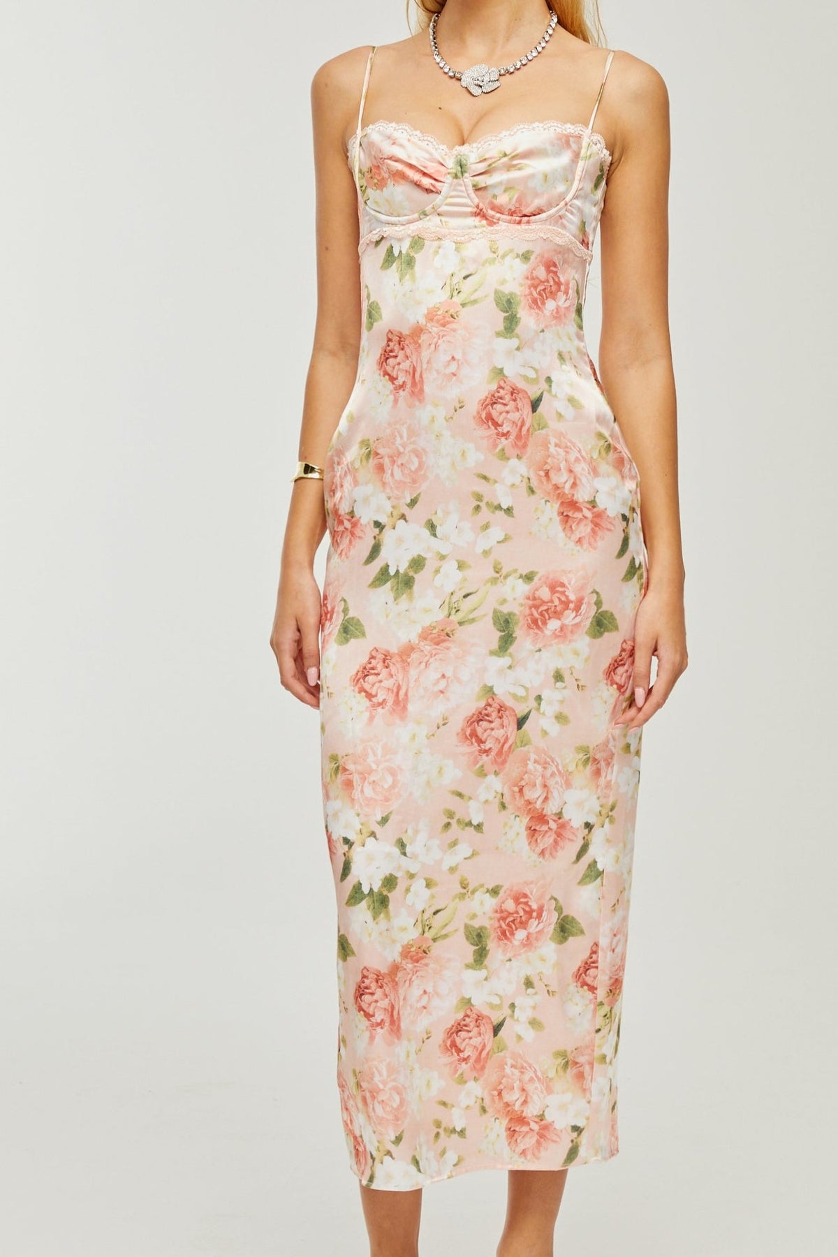 Yvette pink floral-print satin maxi dress