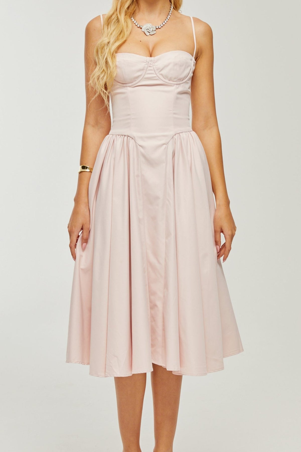 Soleil pink pleated corset midi dress