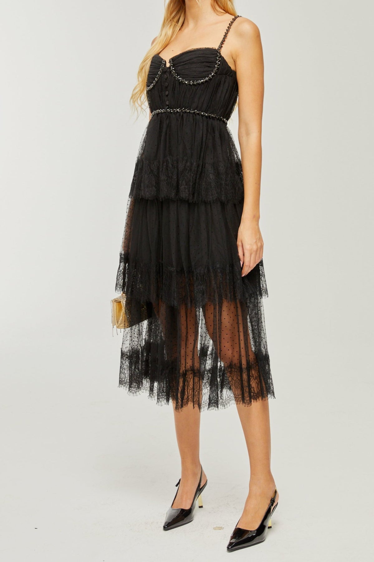 Solène layered crystal-embellished midi dress
