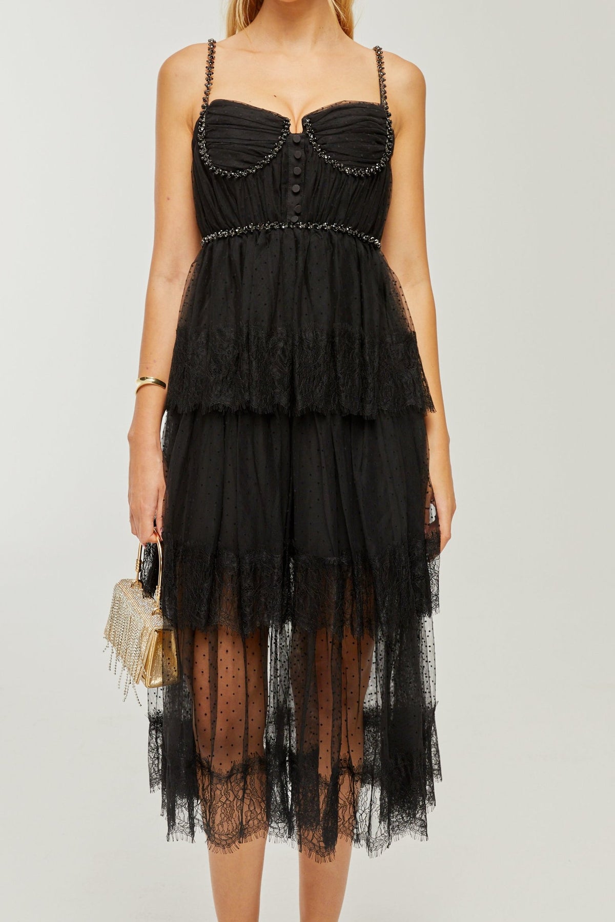 Solène layered crystal-embellished midi dress