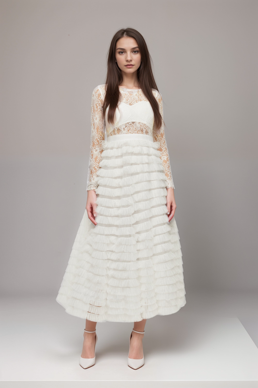 Philippine lace layered high-waisted midi dress