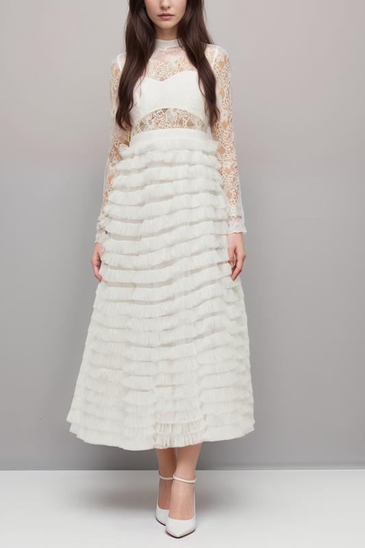 Philippine lace layered high-waisted midi dress
