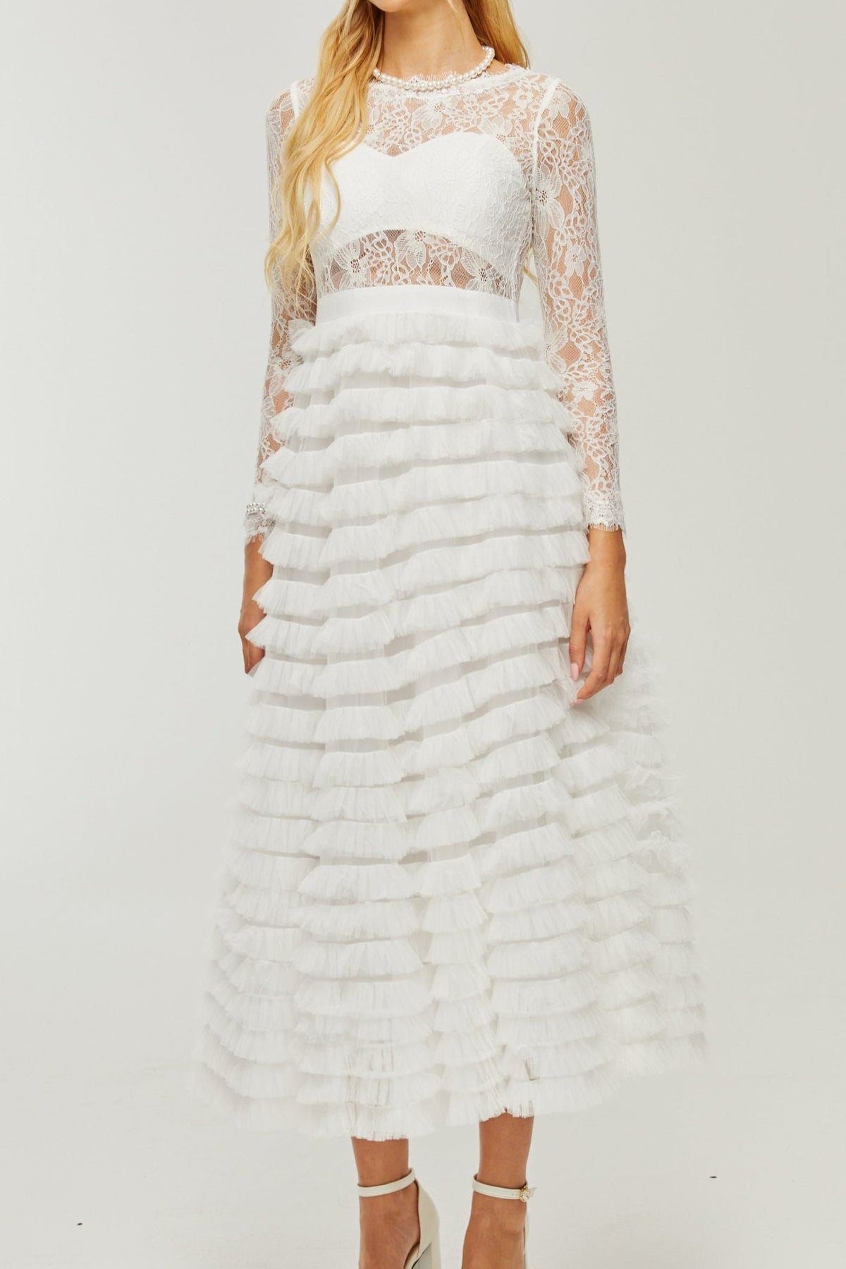 Philippine lace layered high-waisted midi dress