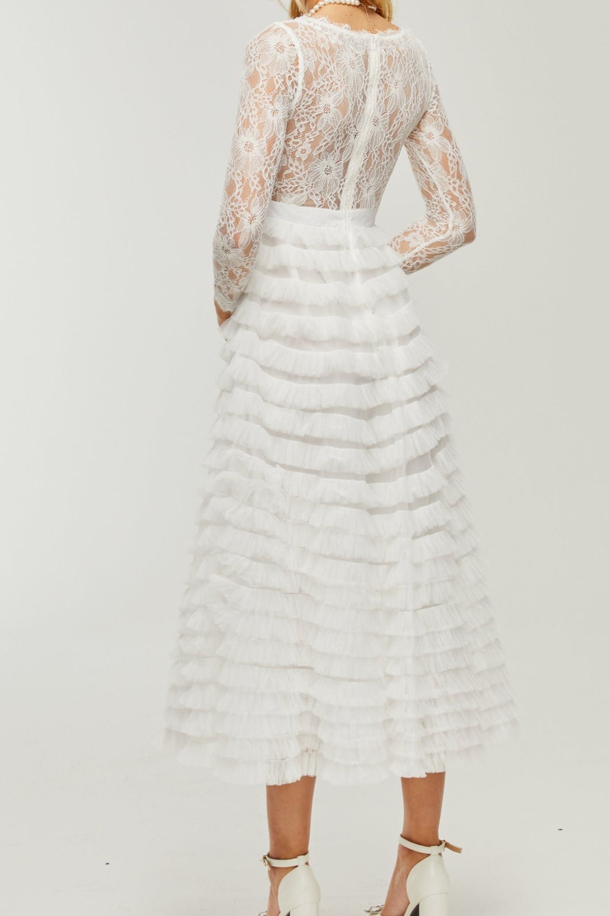 Philippine lace layered high-waisted midi dress