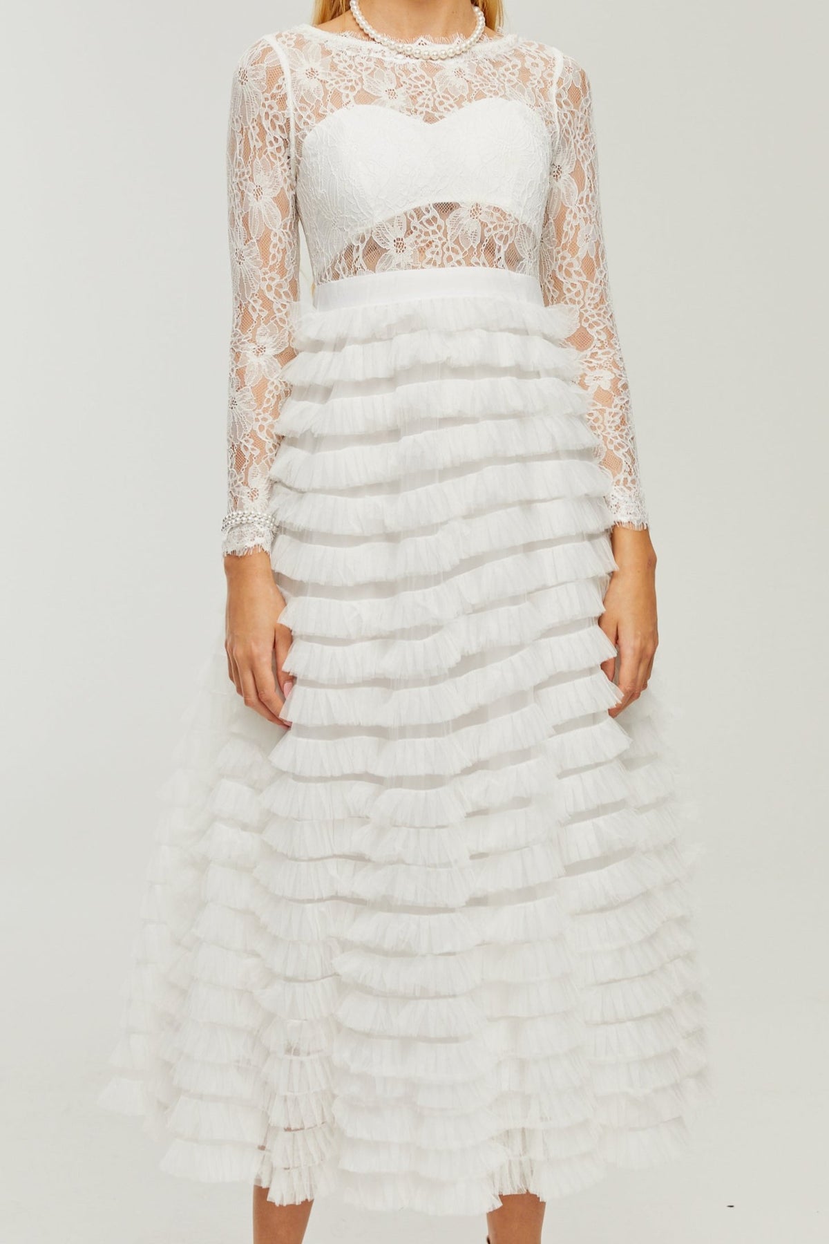 Philippine lace layered high-waisted midi dress