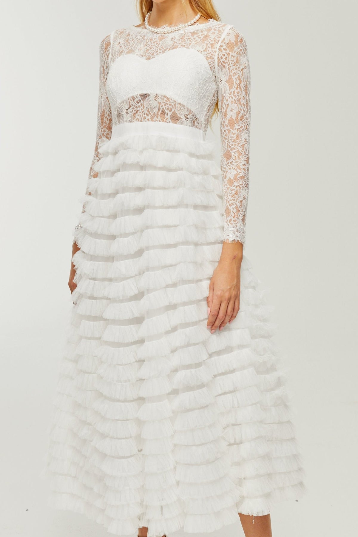 Philippine lace layered high-waisted midi dress