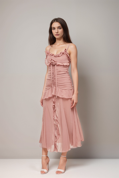 Geneviève pleated faux-flower midi dress