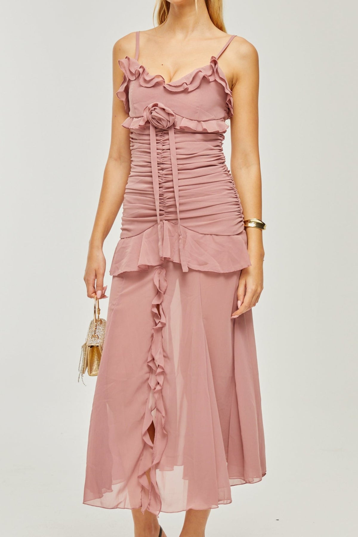 Geneviève pleated faux-flower midi dress