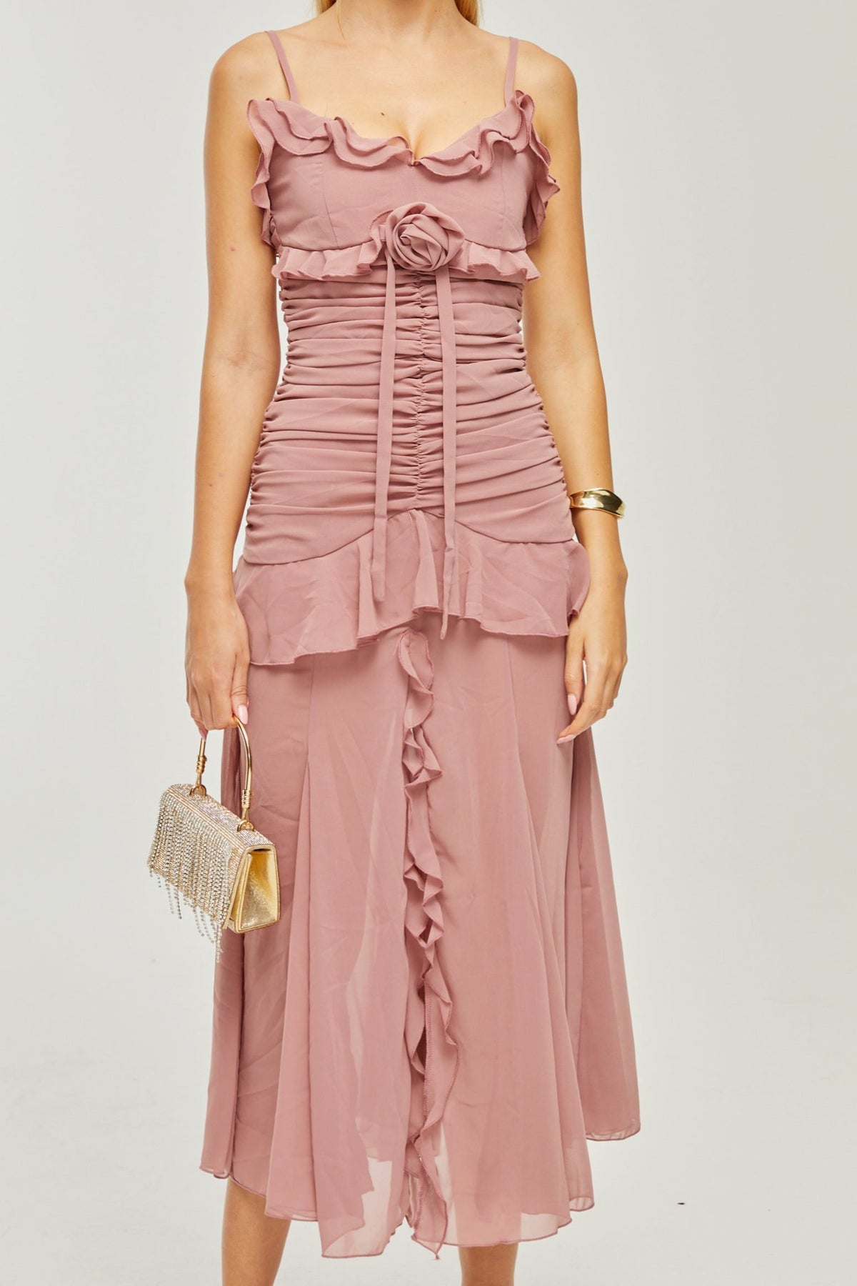 Geneviève pleated faux-flower midi dress