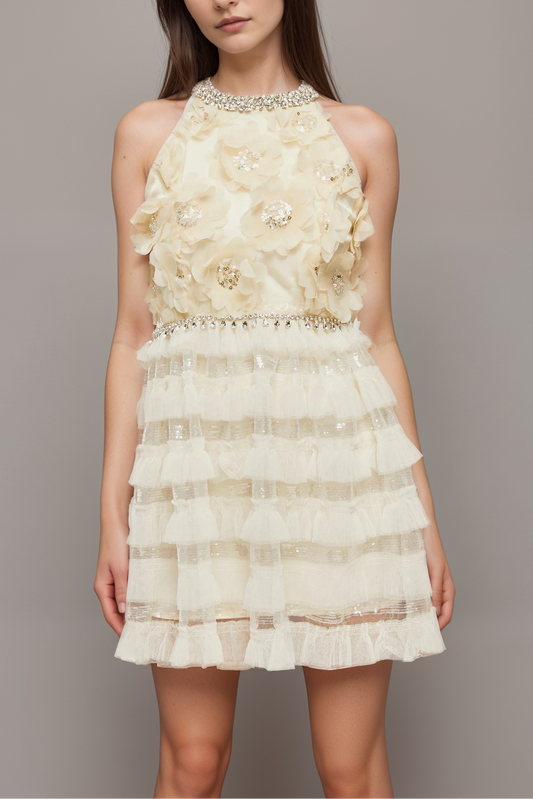 Lavinia embellished floral tiered dress