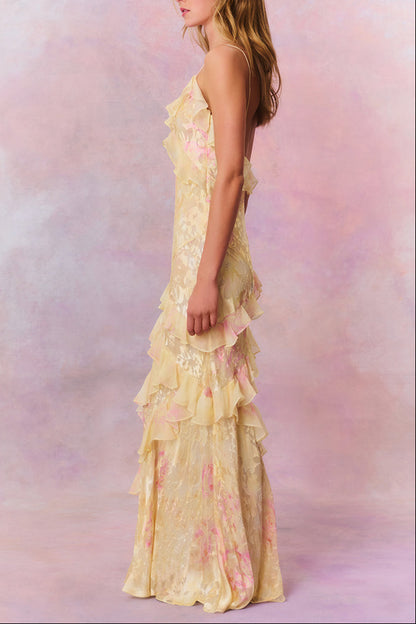 wendy ruffle trim Floral Chiffon Maxi Dress in yellow