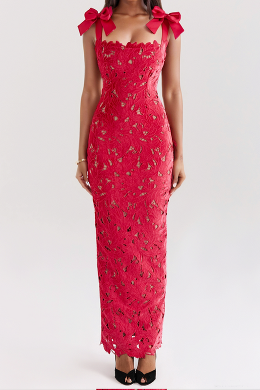 hermosa Bow Strap Embroidered Lace Maxi Dress in red