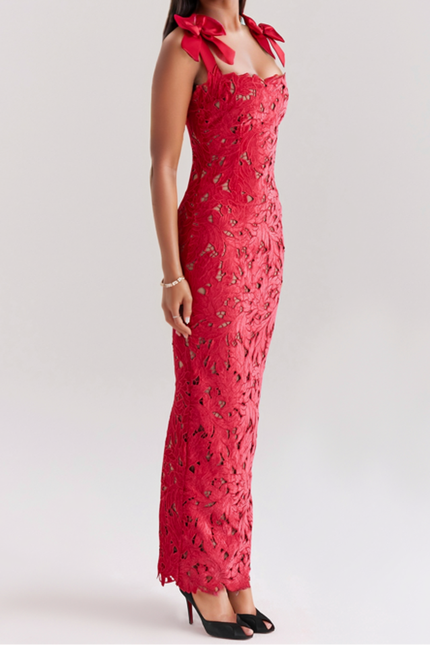 hermosa Bow Strap Embroidered Lace Maxi Dress in red