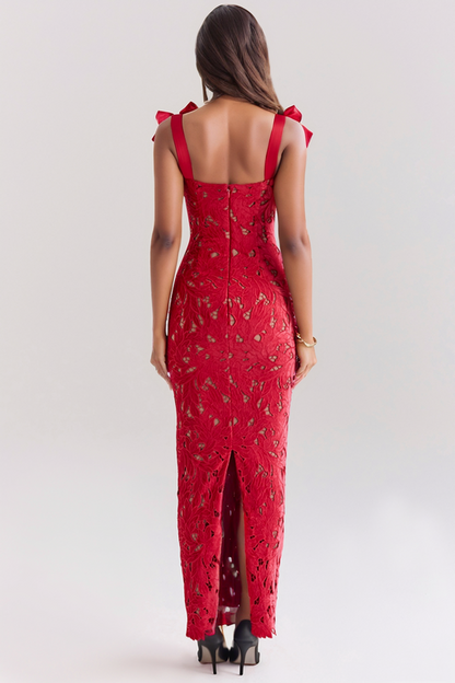 hermosa Bow Strap Embroidered Lace Maxi Dress in red