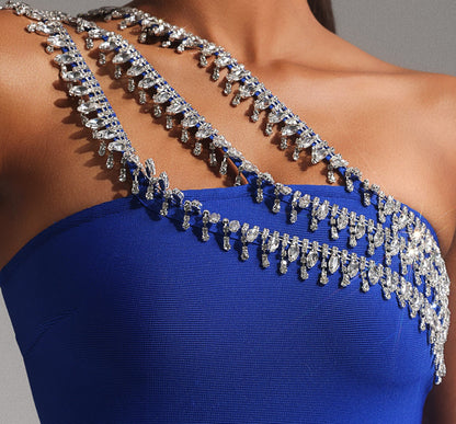 Royal Blue Multi-Layer Fringe Rhinestone One Shoulder Slim Midi Dress With Side Draped Flare Panel