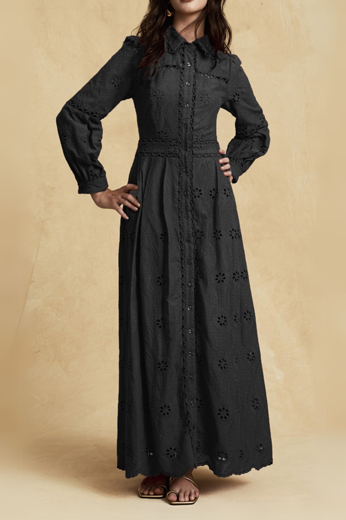 retro single-breasted hollow lace midi dress in black