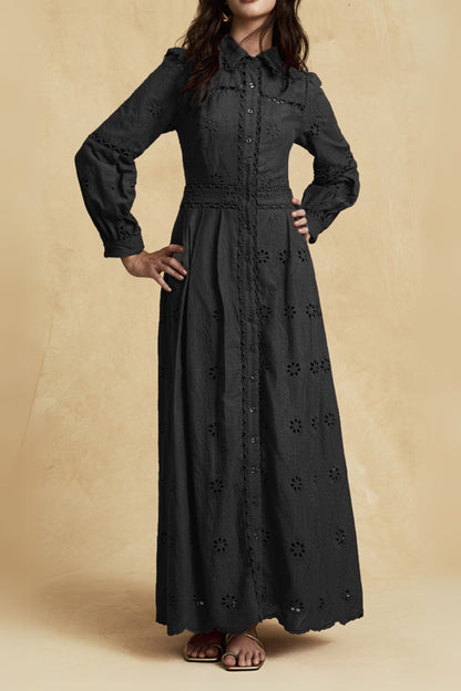 retro single-breasted hollow lace midi dress in black