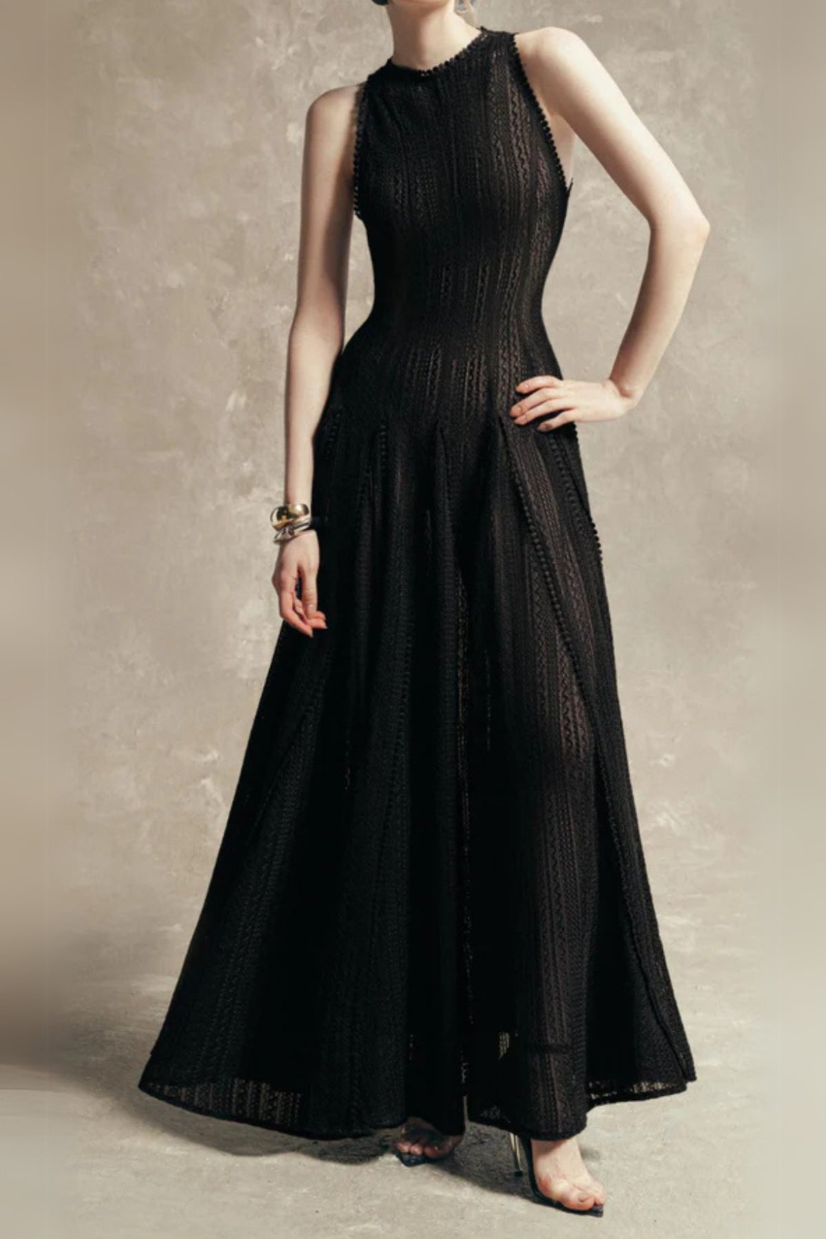 sleeveless lace crochet maxi dress in black