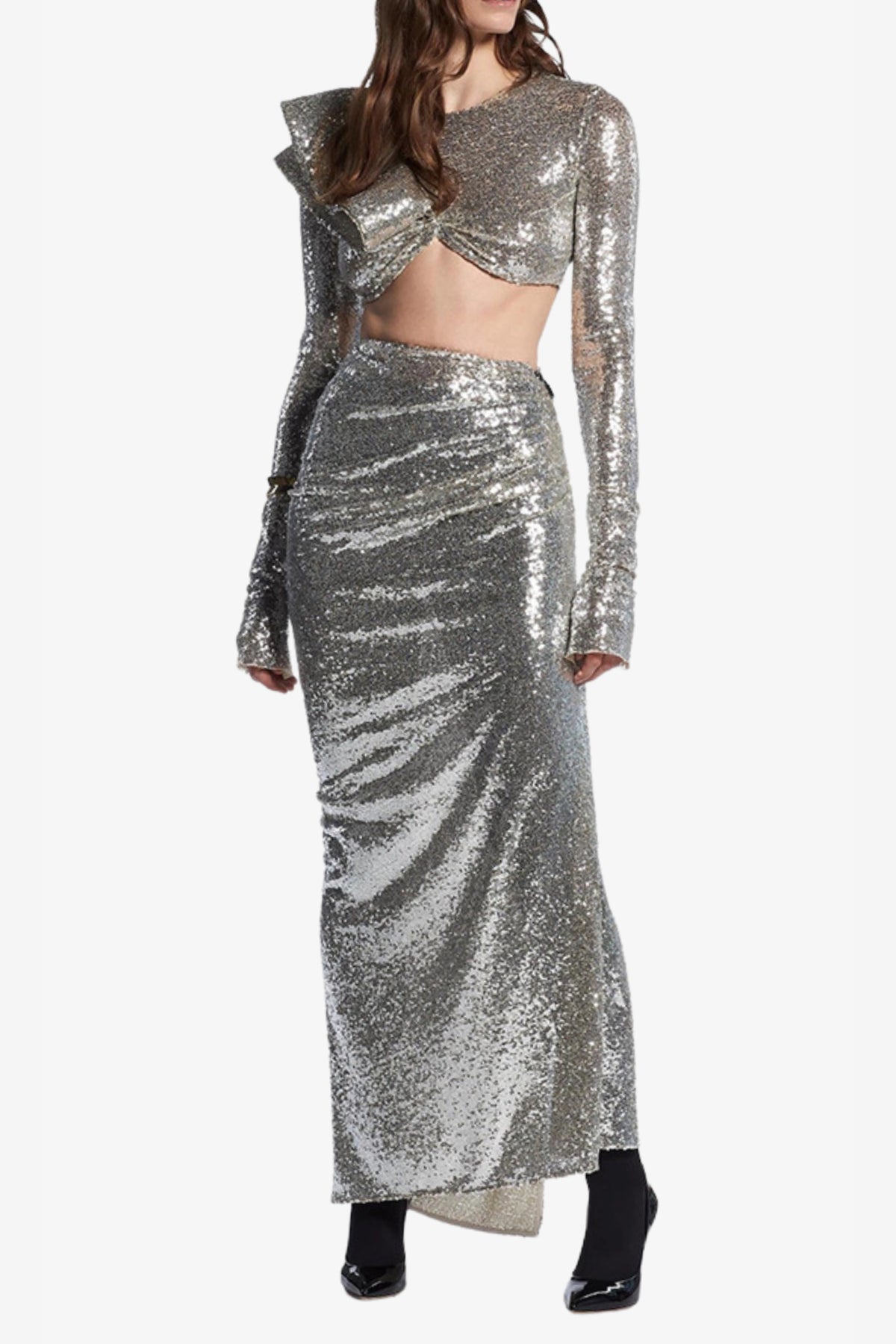 crop top drape skirt set in silver