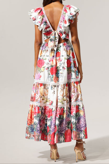 Violet Backless Ruffle Floral Printed Maxi Dress
