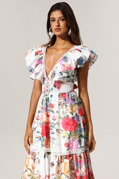 Violet Backless Ruffle Floral Printed Maxi Dress