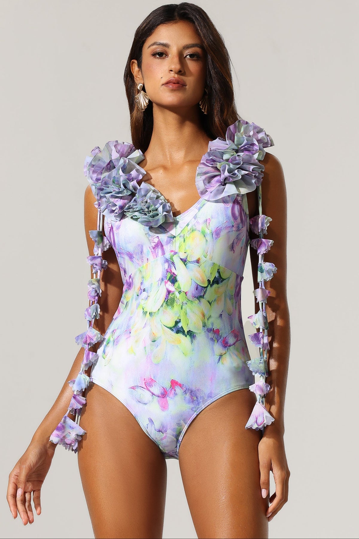 Loyisa Halter V-Neck Floral Printed Tassel Swimwear And Skirt Two-Piece Set