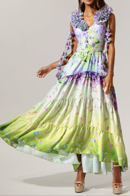 Loyisa Halter V-Neck Floral Printed Tassel Swimwear And Skirt Two-Piece Set
