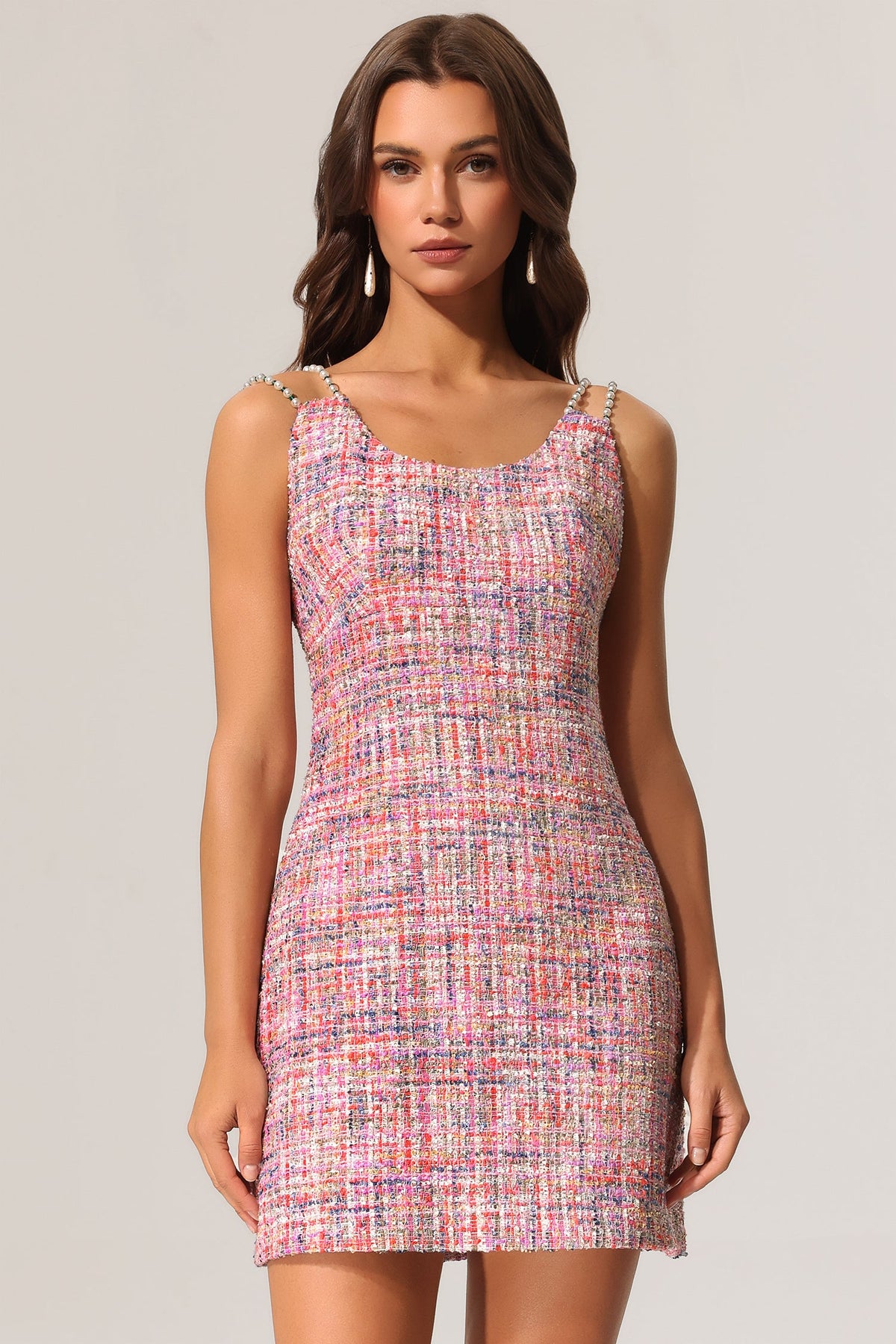 joanna Round Neck Bradde Chain Sleeveless Tweed Mini Dress