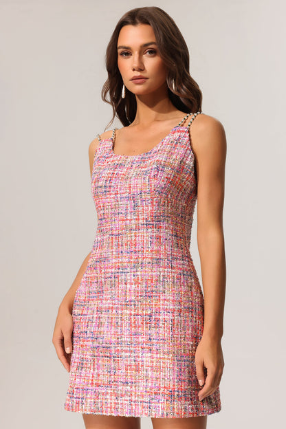 joanna Round Neck Bradde Chain Sleeveless Tweed Mini Dress