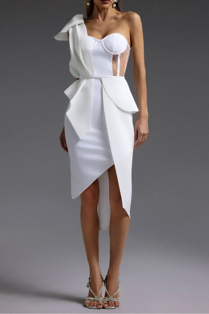 One Shoulder Bow Slit Bandage Midi Dress