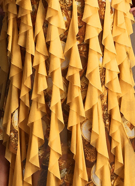 Golden Coin Vintage Print Halter V Neck Ruffle Trim High Side Slit Asymmetrical Chiffon Midi Dress