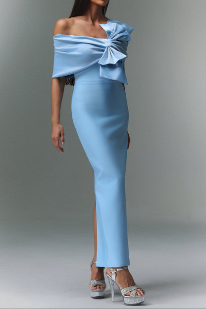 marina blue one-Shoulder Bow Bandage satin Maxi Dress