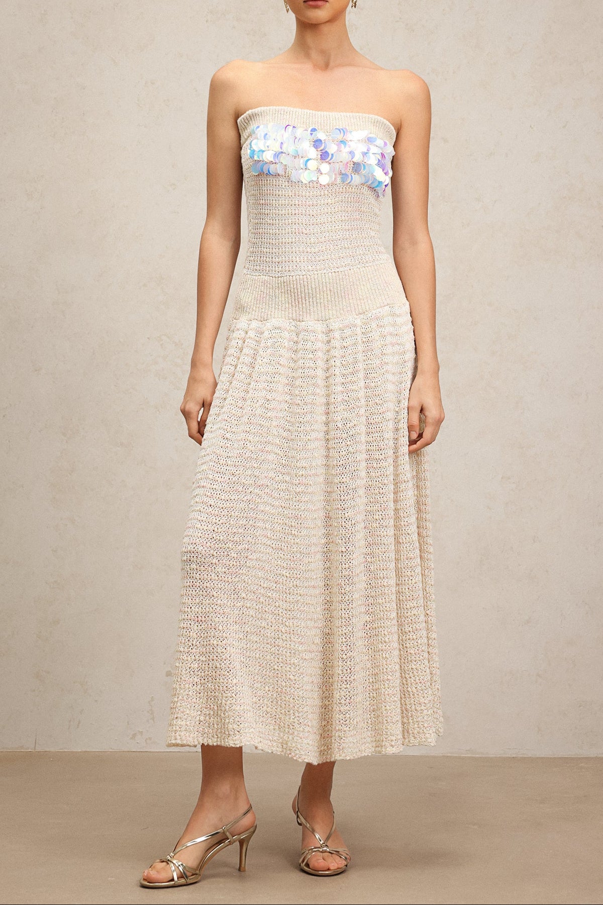 kimberley beige off-shoulder Sleeveless sequin jersey Maxi Dress