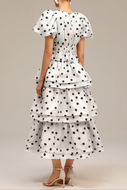 damla white Puff Sleeves Dot Printed Top And Skirt Two-Piece Set