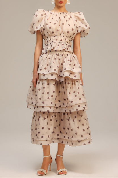 damla beige Puff Sleeves Dot Printed Top And Skirt Two-Piece Set