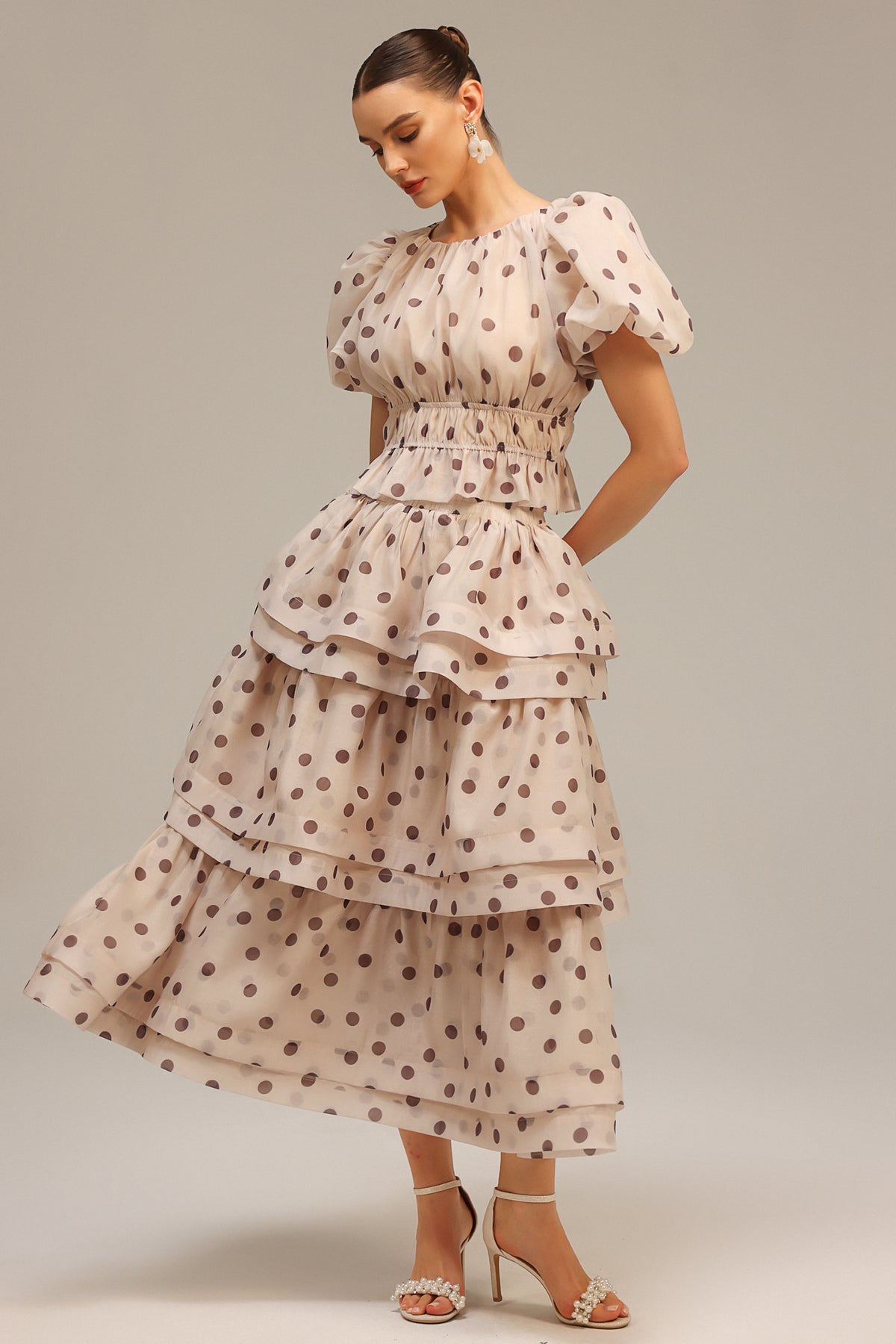 damla beige Puff Sleeves Dot Printed Top And Skirt Two-Piece Set