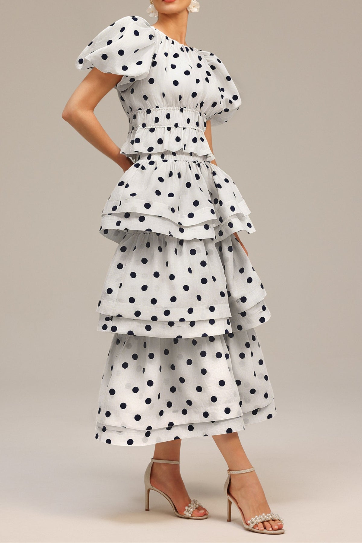 damla white Puff Sleeves Dot Printed Top And Skirt Two-Piece Set