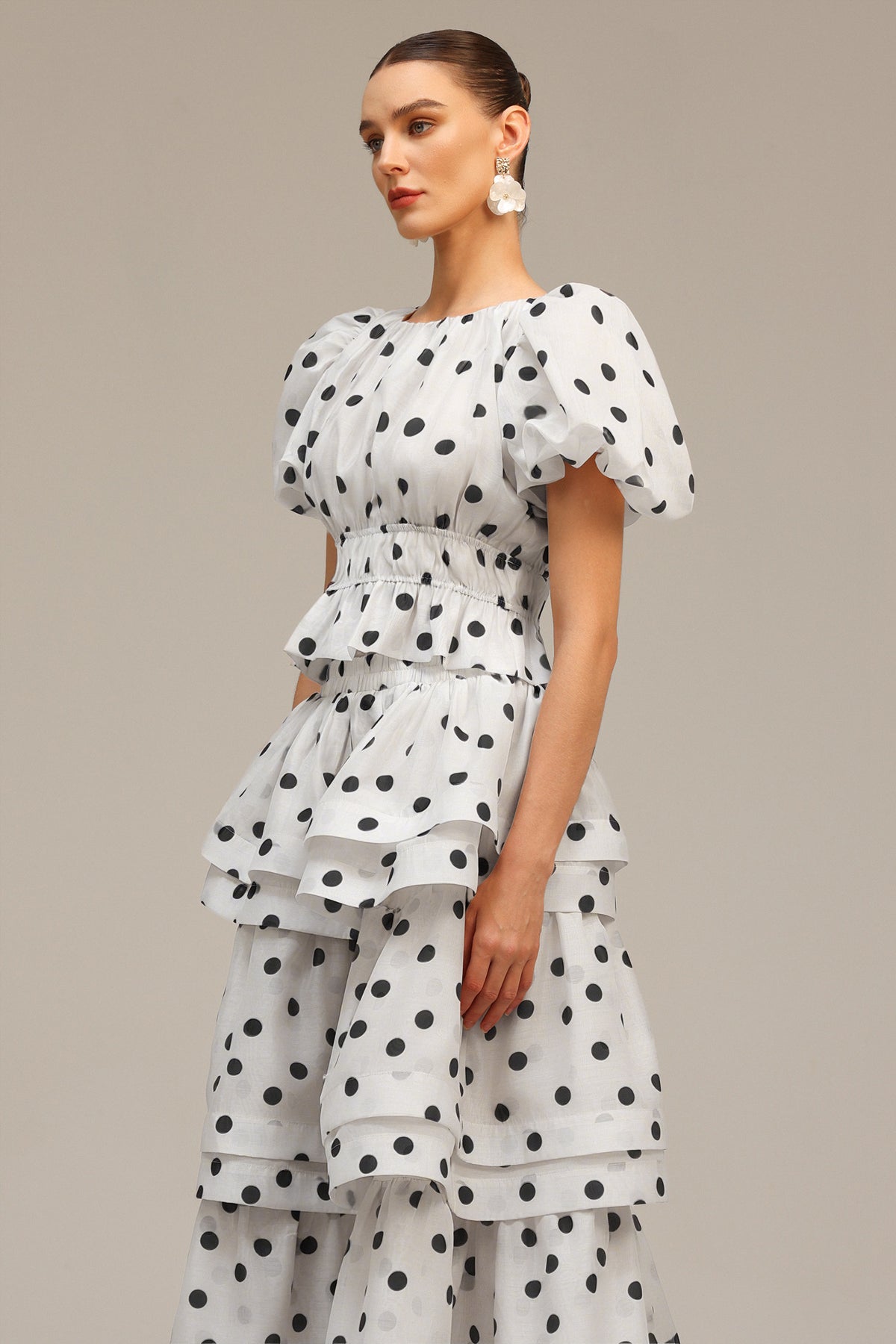 damla white Puff Sleeves Dot Printed Top And Skirt Two-Piece Set