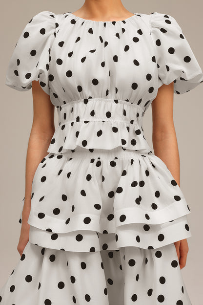 damla white Puff Sleeves Dot Printed Top And Skirt Two-Piece Set