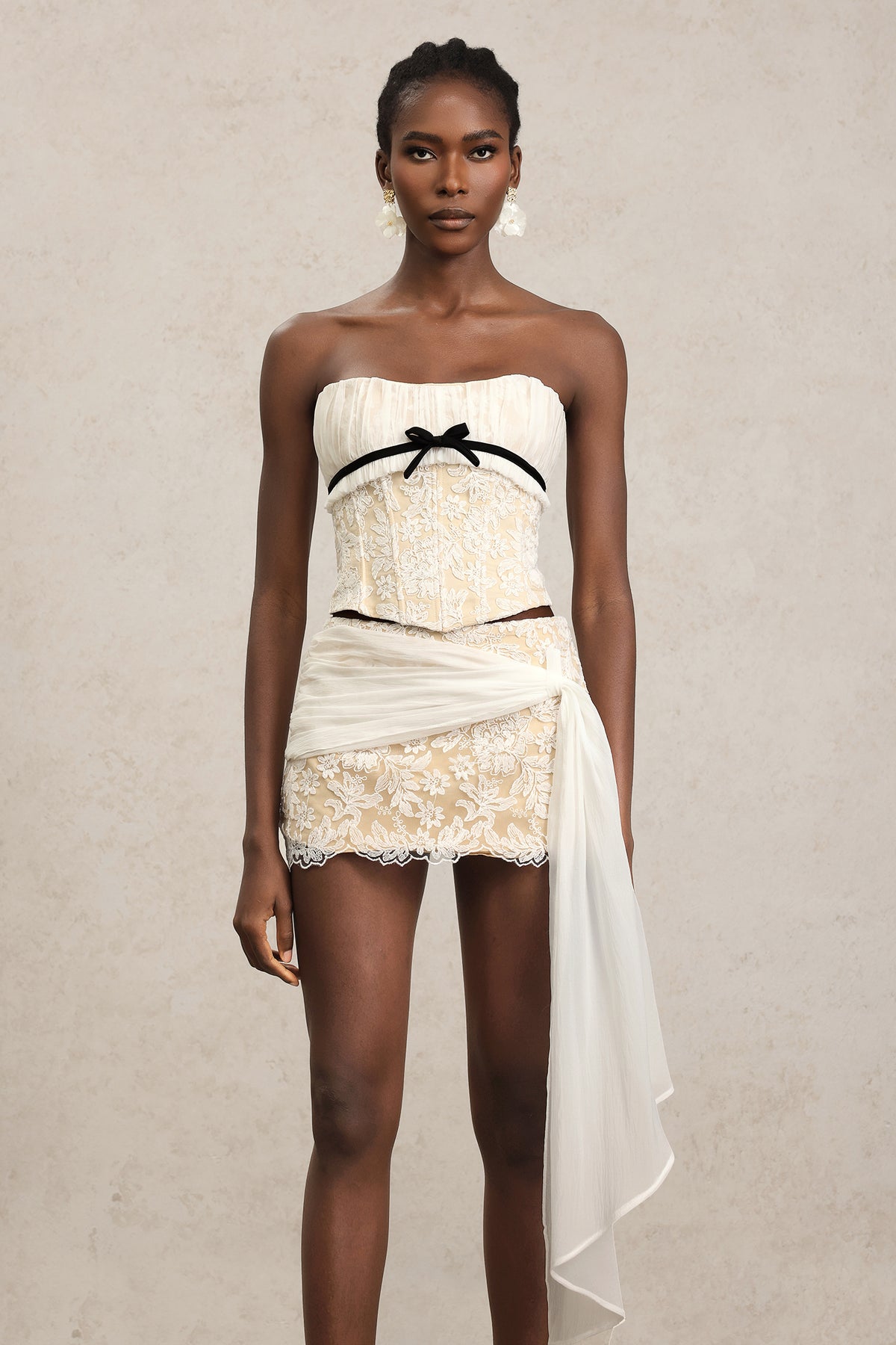 white Herringbone tube top floral ruffle mini dress suit