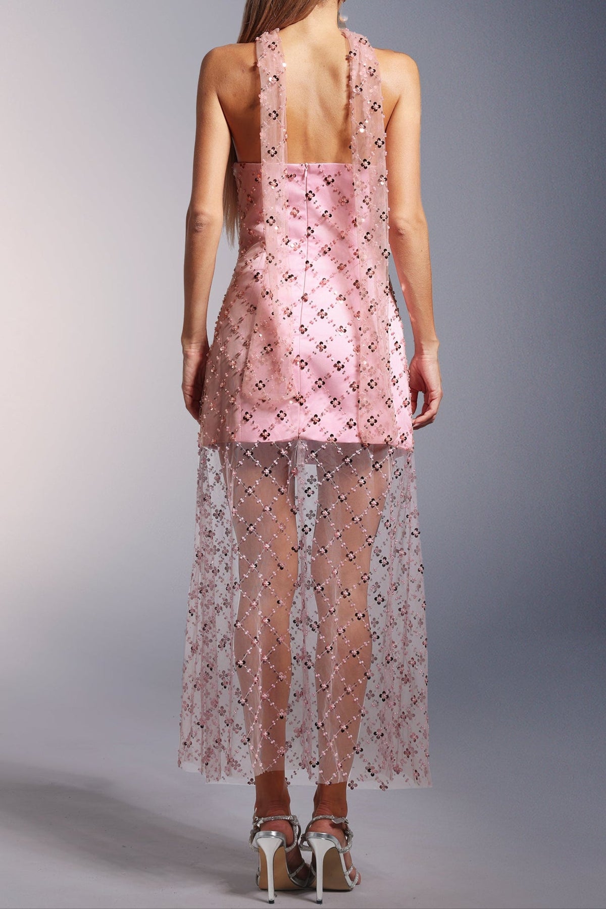 Strapless Sequins pearl mini dress in pink
