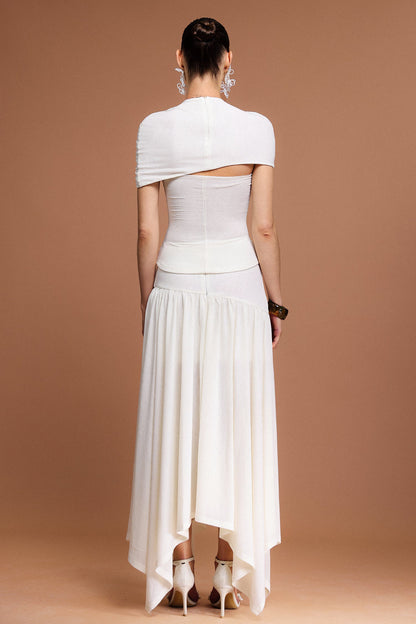 kristin Short Sleeves Asymmetric Folds Top And Skirt Two-Piece Set