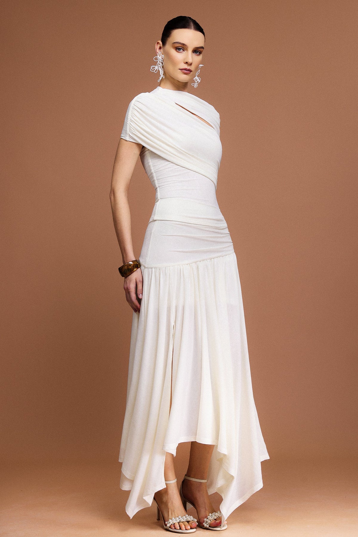 kristin Short Sleeves Asymmetric Folds Top And Skirt Two-Piece Set
